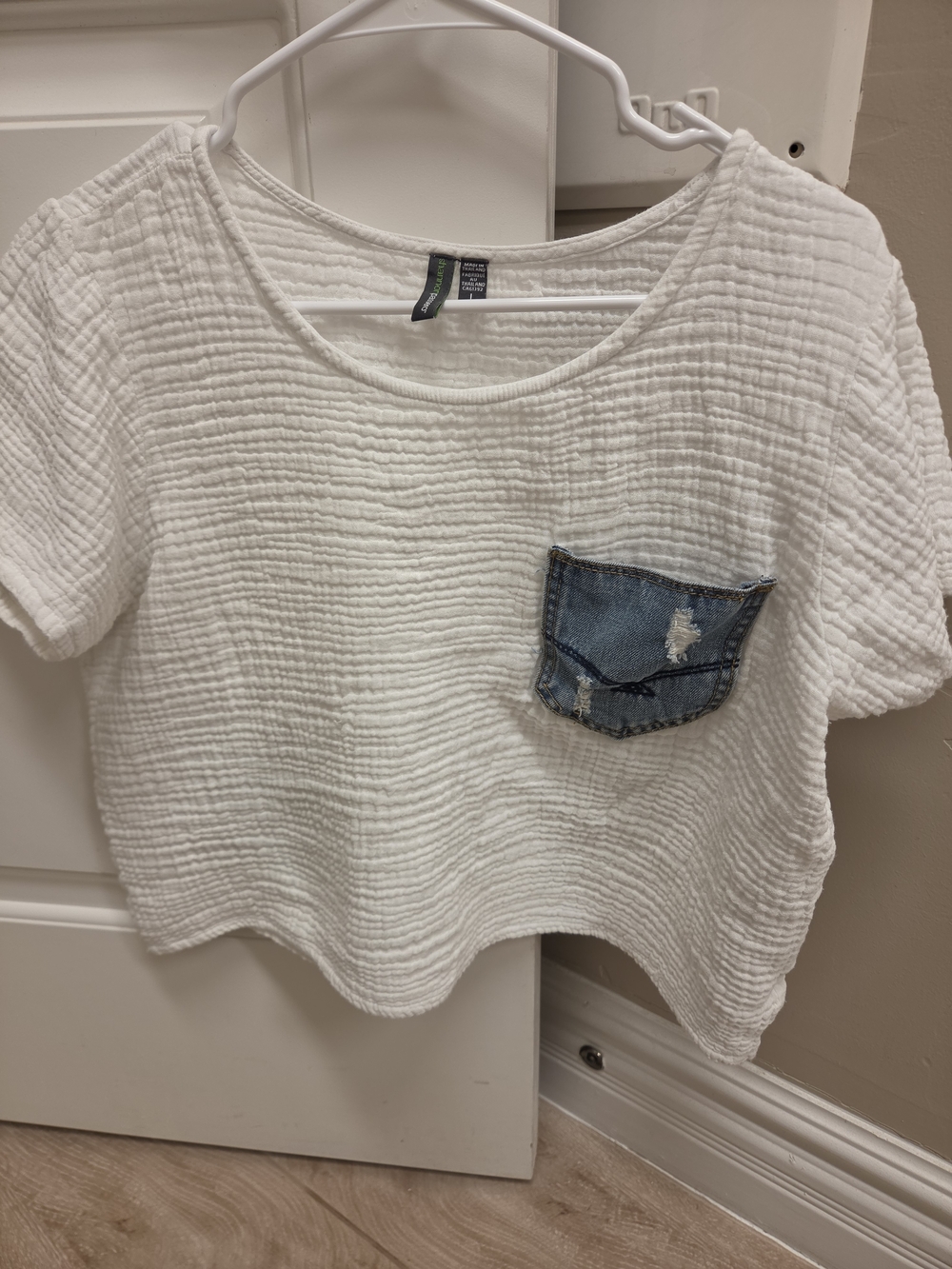 Textured White  Top with Distressed Denim Pocket